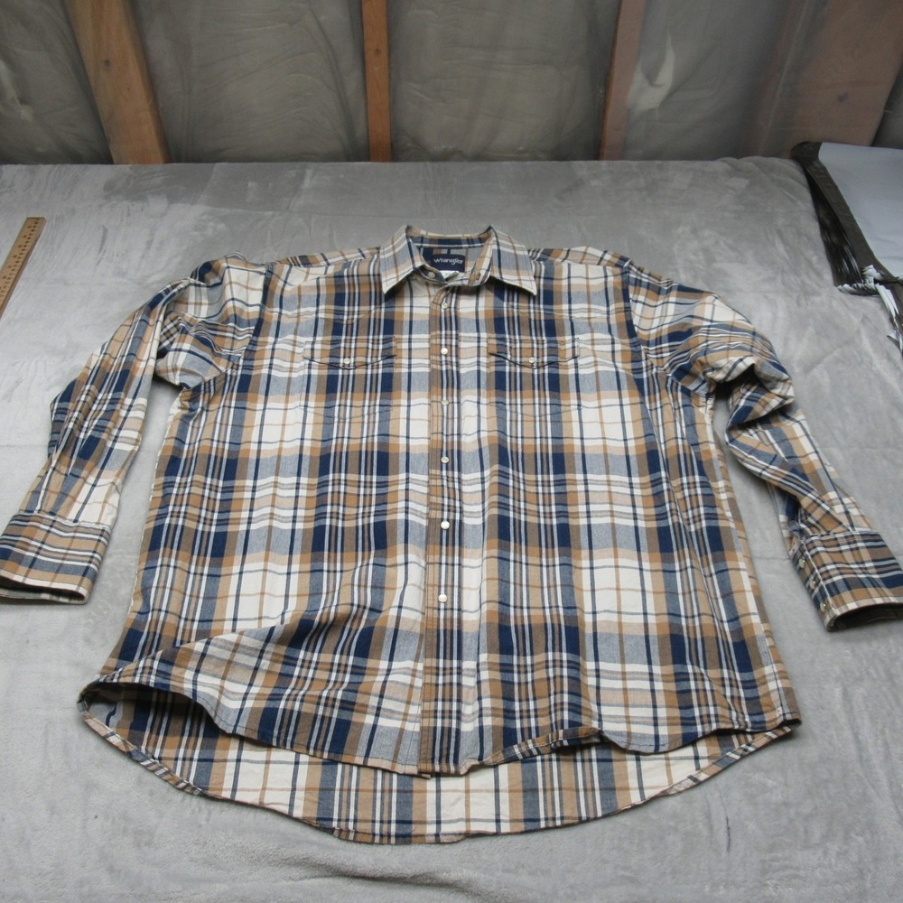 Wrangler Shirt Mens XXL‎ Blue Plaid Western Pearl Snap Long Sleeve Classic VTG